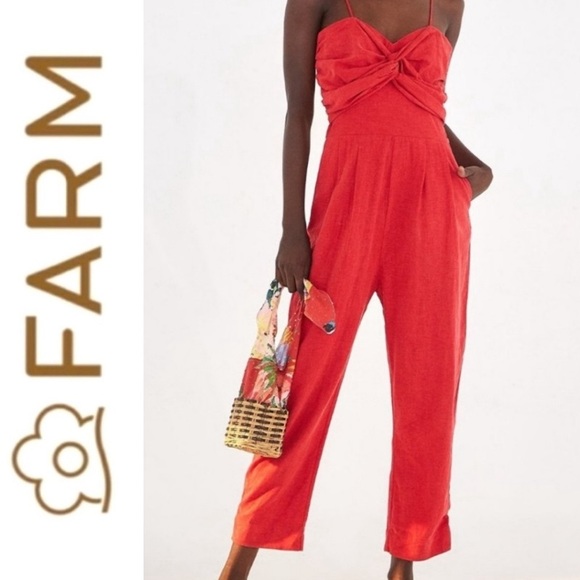 Farm Rio Cherry Red Linen Sleeveless Cropped Jumpsuit Size...